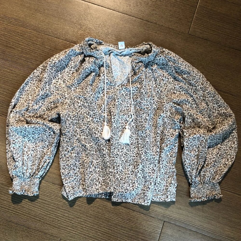 Boho Peasant Prairie Top Brown Floral Smocked Cuff Tassels Cottagecore Poet M